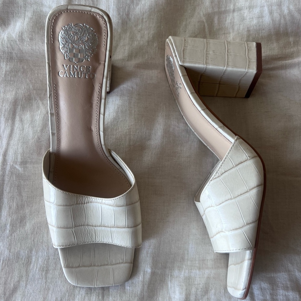 Vince Camuto Cream Croc-Embossed Mules